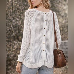 Michael Kors Open Knit Crewneck Sweater Ivory Gold Button Back Size M Coastal